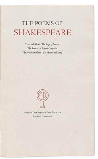 (OVERBROOK PRESS.) Shakespeare, William. The Poems of Shakespeare.